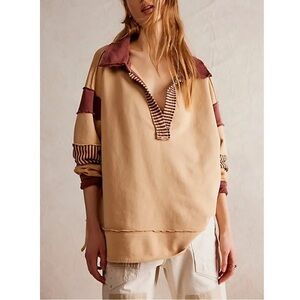 Free People Oversized Color Block Clean Prep Slouchy Polo Mocha Latte Combo